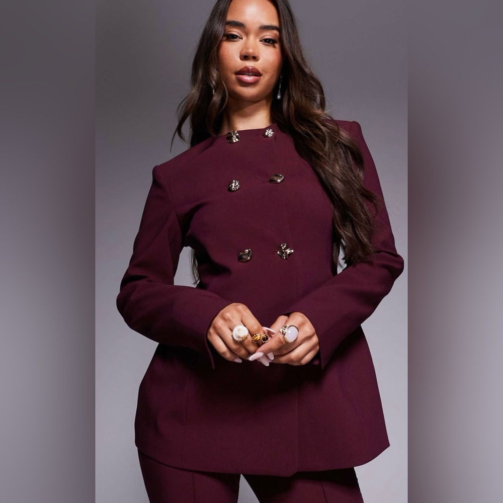 ASOS DESIGN tailored high neck blazer suit with mixed buttons in plum Size 10